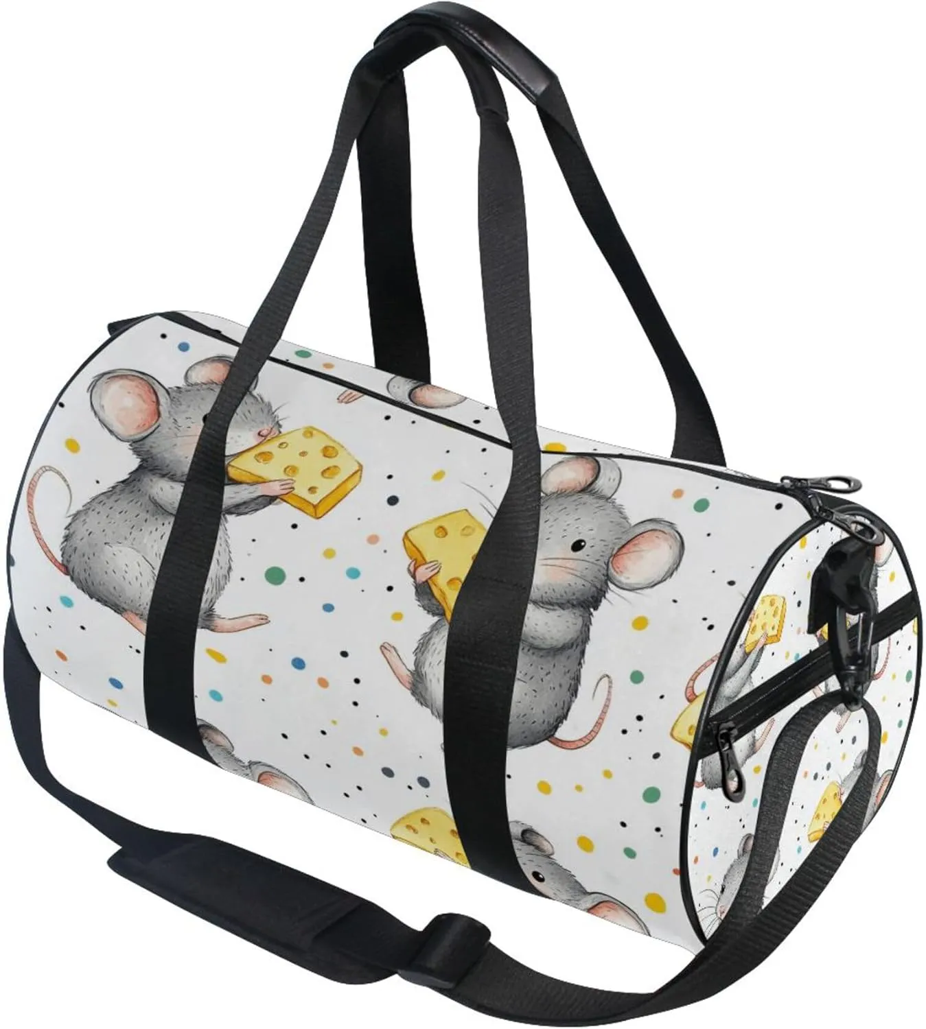 Gray Cartoon Mice Holding Yellow Cheese Gym Duffle Bag Women Men Sports Fitness Bag for Travel Workout Gymnastics Dance Ballet