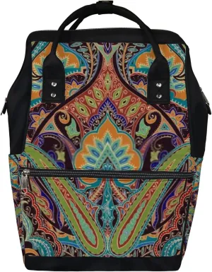 Green Vintage Bohemian Abstract Colorful Floral Geometric Diaper Bag Backpack, waterproof backpack Baby Nappy Changing Bags Laptop Backpack for Travel, Large Capacity, Durable and Stylish for Woman and Men.