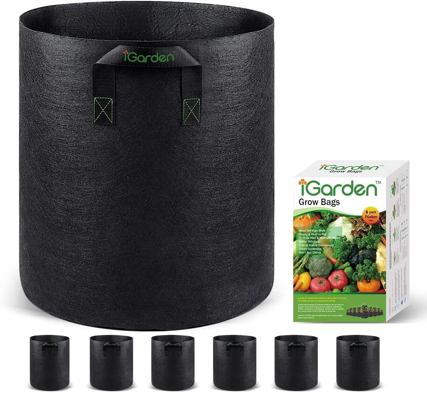 Grow Bags Tall, 7 Gallon Grow Pots 6 Pack with Handles, Heavy Duty 280G Thickened Nonwoven Fabric Plant Bag for Vegetables, Black