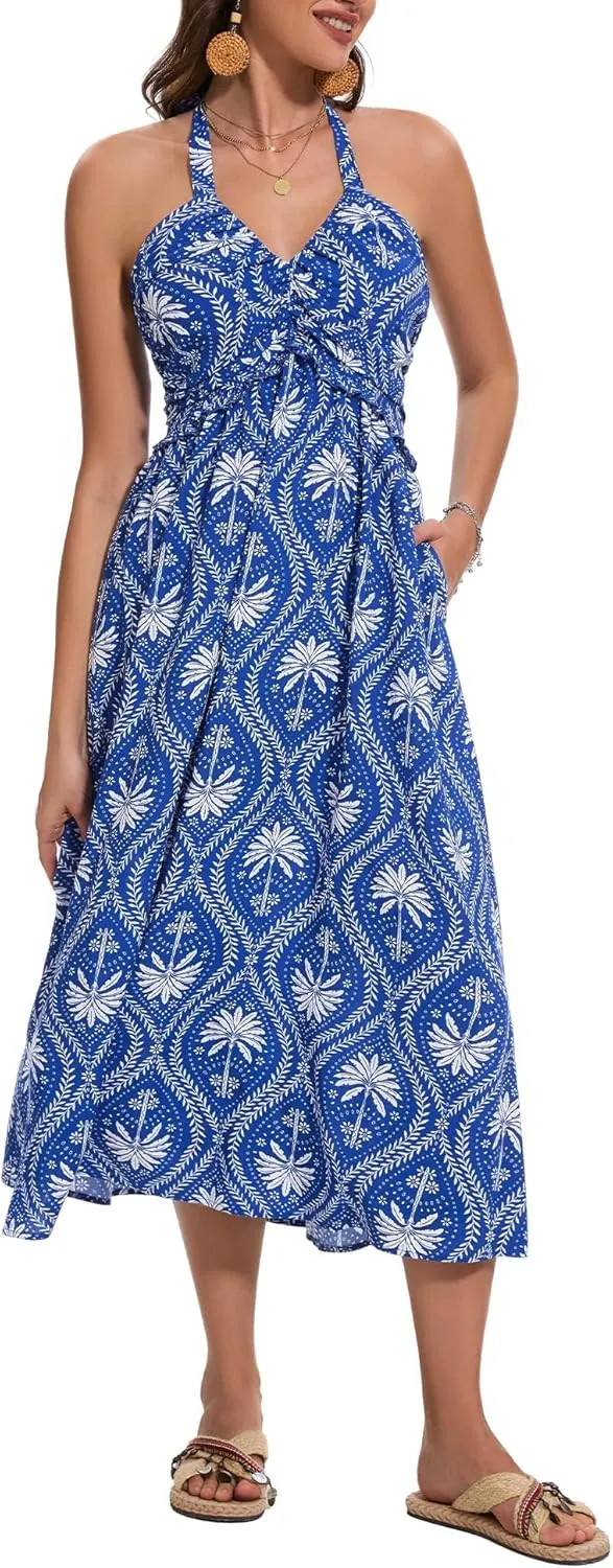GUBERRY Women's Summer Sundresses with Pockets Halter Neck Smocked Sleeveless Flowy Beach Maxi Dress