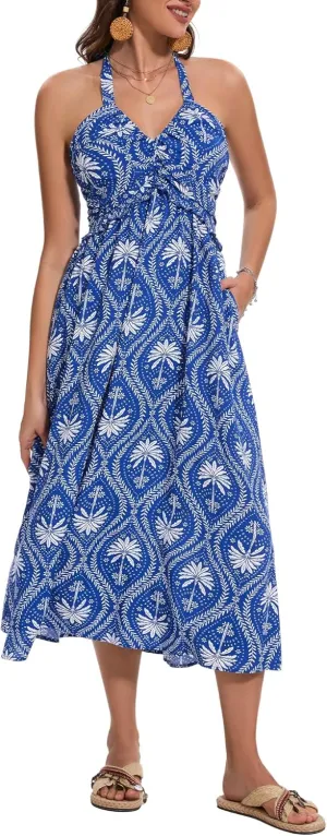 GUBERRY Women's Summer Sundresses with Pockets Halter Neck Smocked Sleeveless Flowy Beach Maxi Dress