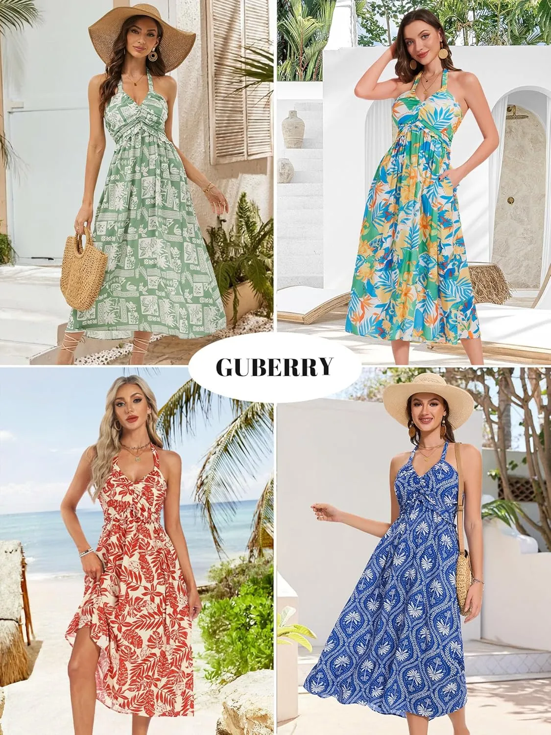 GUBERRY Women's Summer Sundresses with Pockets Halter Neck Smocked Sleeveless Flowy Beach Maxi Dress