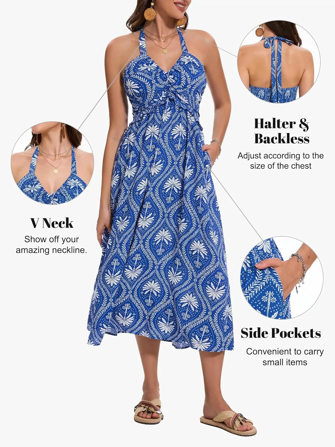 GUBERRY Women's Summer Sundresses with Pockets Halter Neck Smocked Sleeveless Flowy Beach Maxi Dress