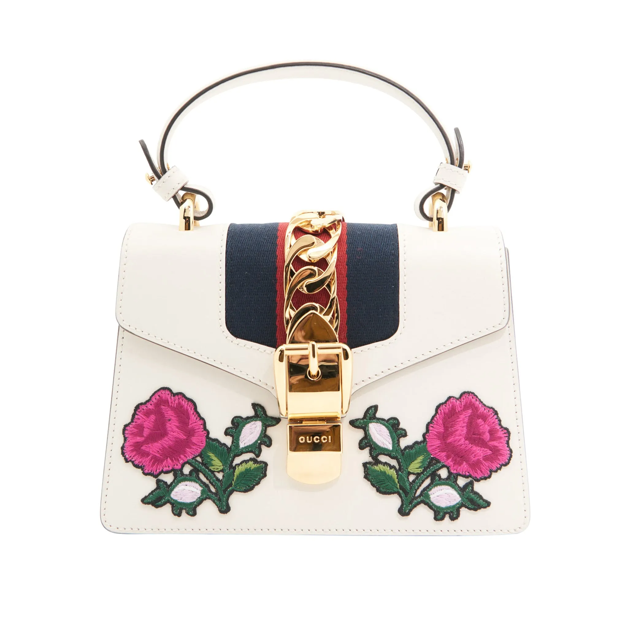 Gucci Leather Sylvie Small Floral Embroidered Handbag in White GHW