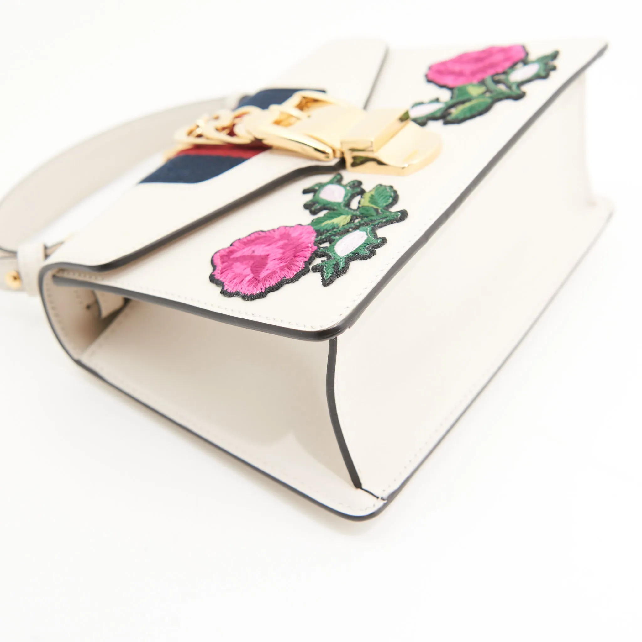 Gucci Leather Sylvie Small Floral Embroidered Handbag in White GHW