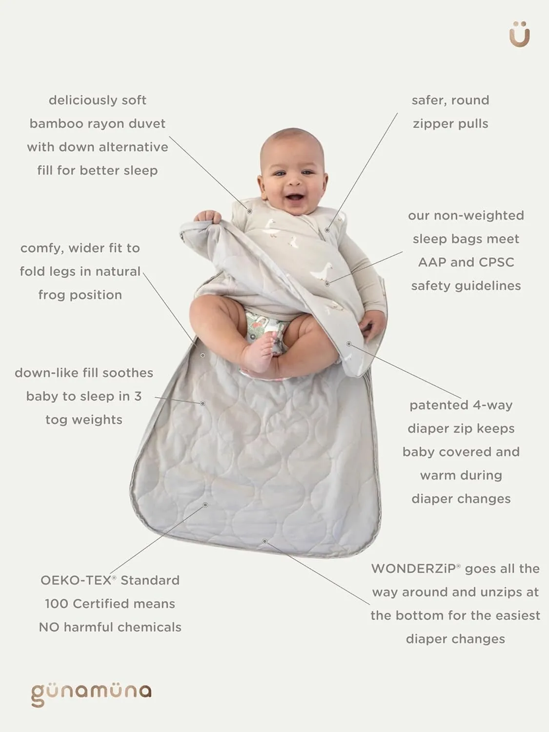 GUNAMUNA Unisex Baby, Toddler Wearable Sleeping Bag Bamboo Rayon, Premium Duvet Sleep Sack, 0.5 TOG