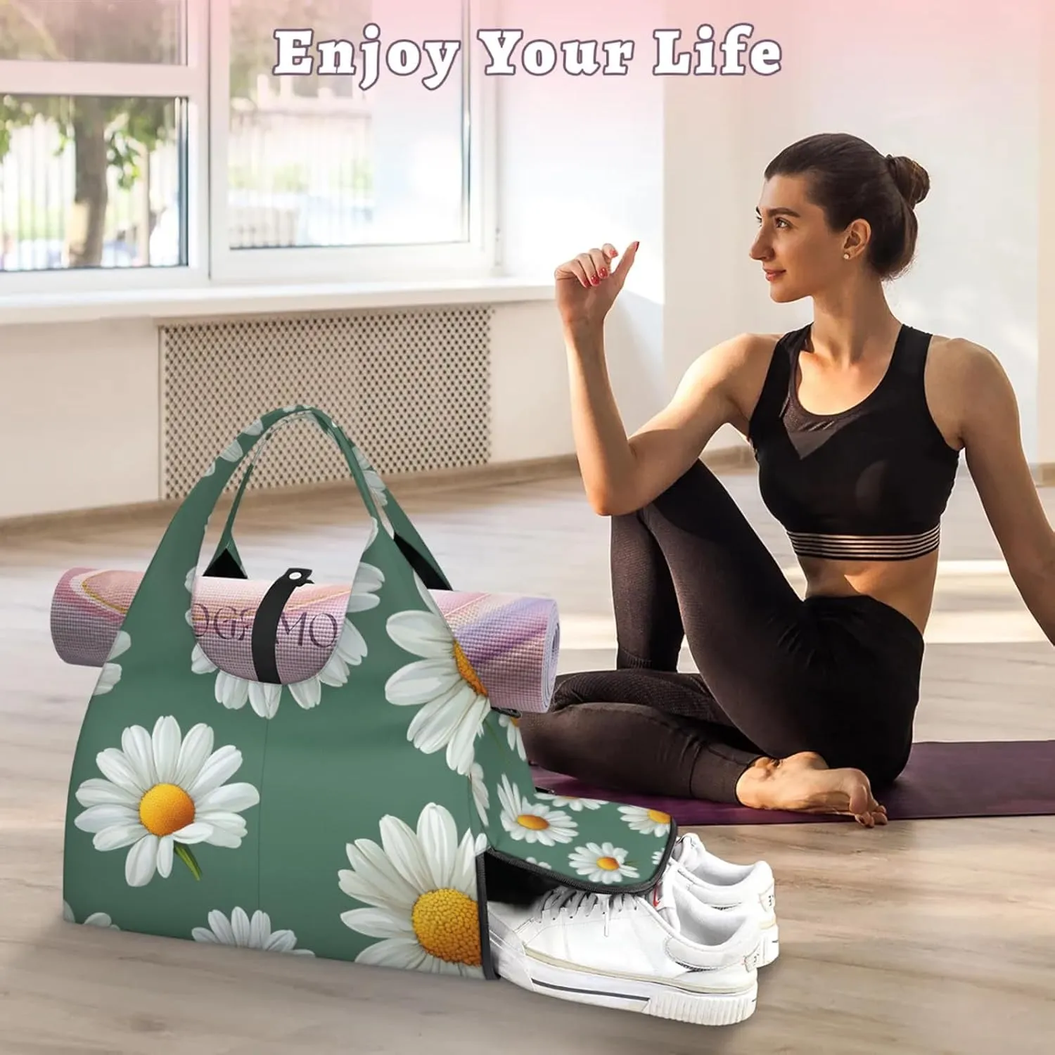 Gym Bag for Women Daisies Floral Duffel Bag with Shoe Compartment and Yoga Mat Holder Portable Weekender Bags Travel Tote Bags