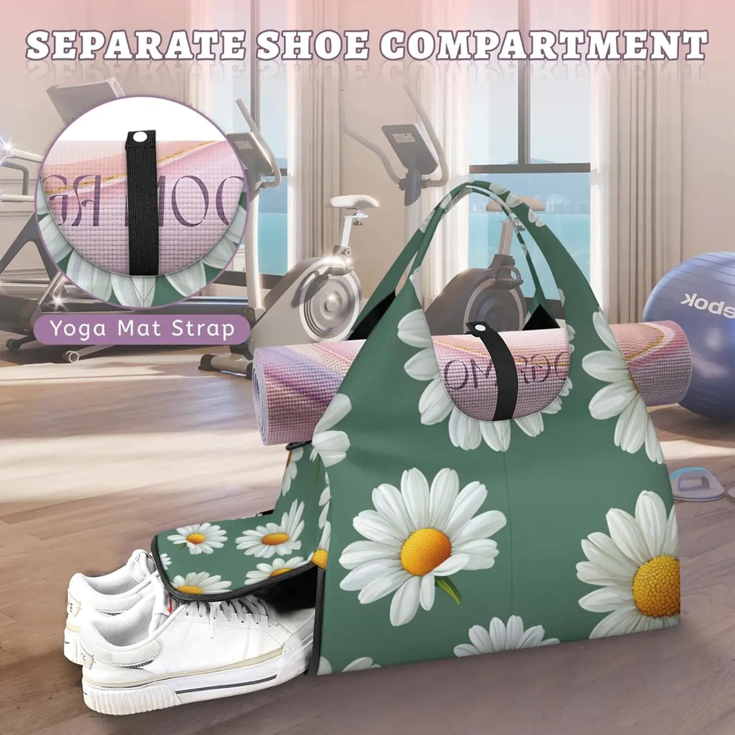 Gym Bag for Women Daisies Floral Duffel Bag with Shoe Compartment and Yoga Mat Holder Portable Weekender Bags Travel Tote Bags