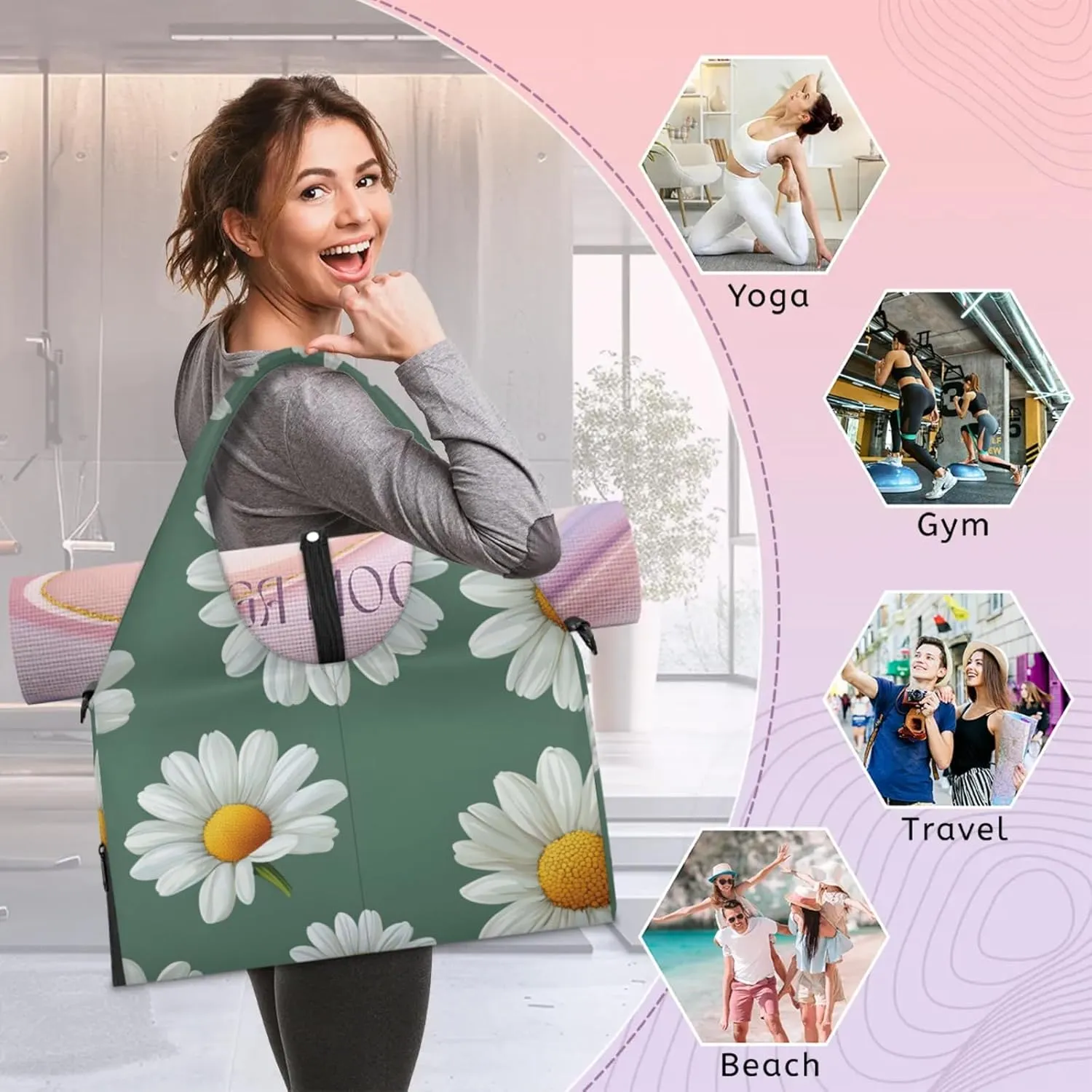 Gym Bag for Women Daisies Floral Duffel Bag with Shoe Compartment and Yoga Mat Holder Portable Weekender Bags Travel Tote Bags