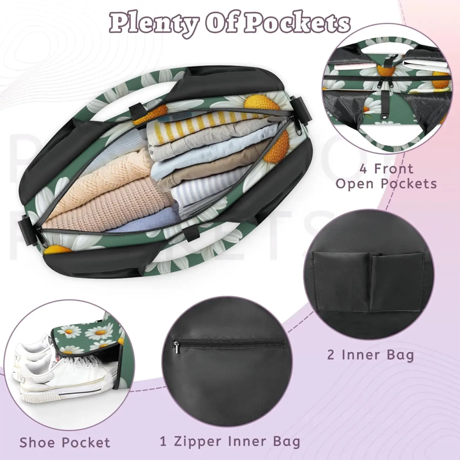 Gym Bag for Women Daisies Floral Duffel Bag with Shoe Compartment and Yoga Mat Holder Portable Weekender Bags Travel Tote Bags