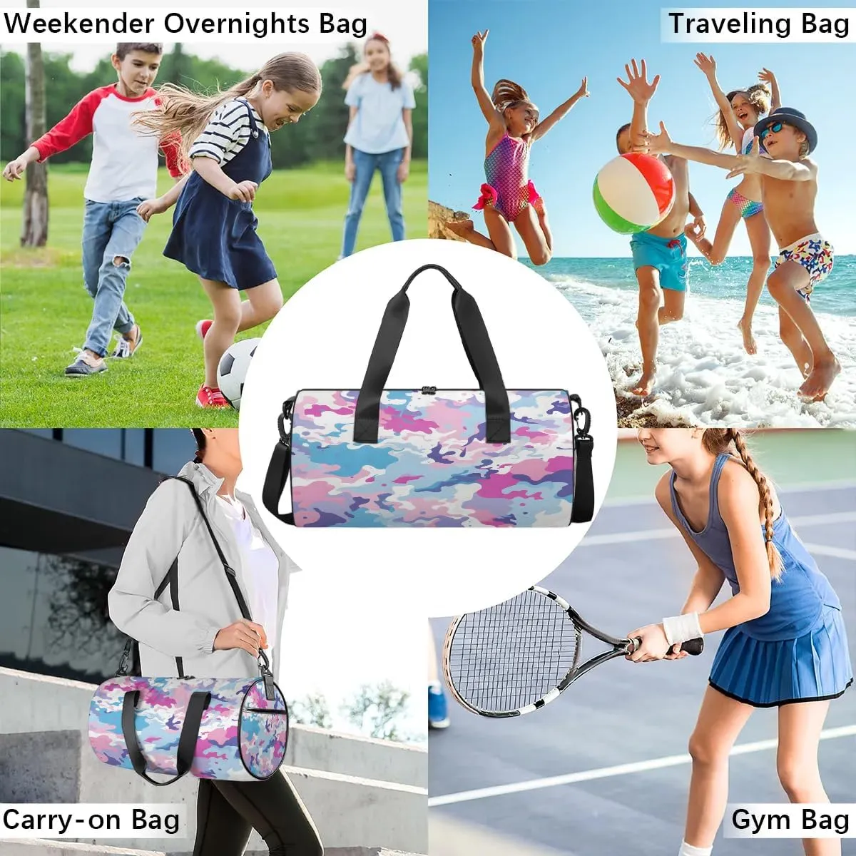Gym Bags for Men Women Colorful Camo Sports Duffel Bags Carry On Travel Duffle Bag with Detachable Adjustable Shoulder Strap Overnight Weekender Bag
