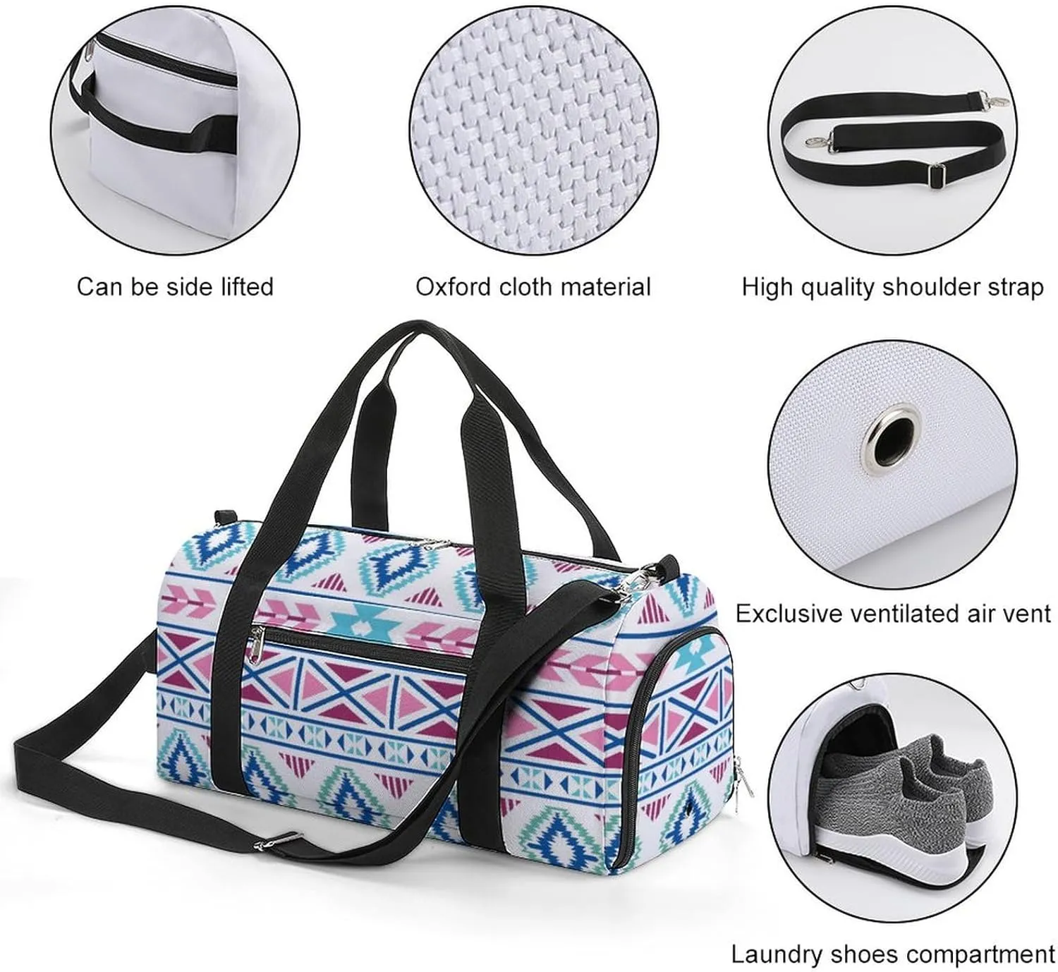 Gym Duffel Bag with Shoe Compartment Wet Pocket, Aztec Geometric Ethnic Travel Bag for Men Women, style