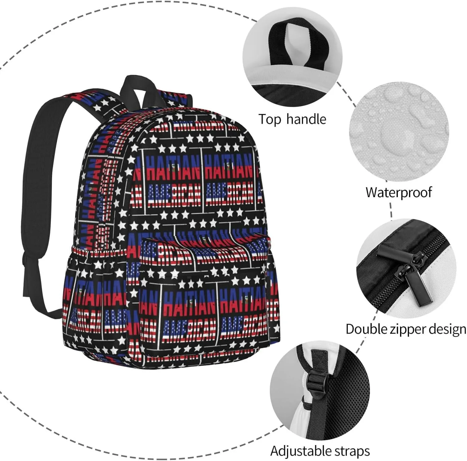 Half American Haitian Flag Backpack Large Capacity Backpack Lightweight Double Shoulder Bag For Women Men Travel