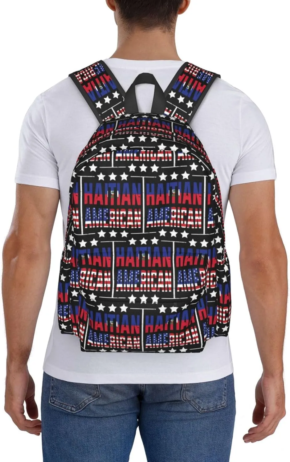 Half American Haitian Flag Backpack Large Capacity Backpack Lightweight Double Shoulder Bag For Women Men Travel