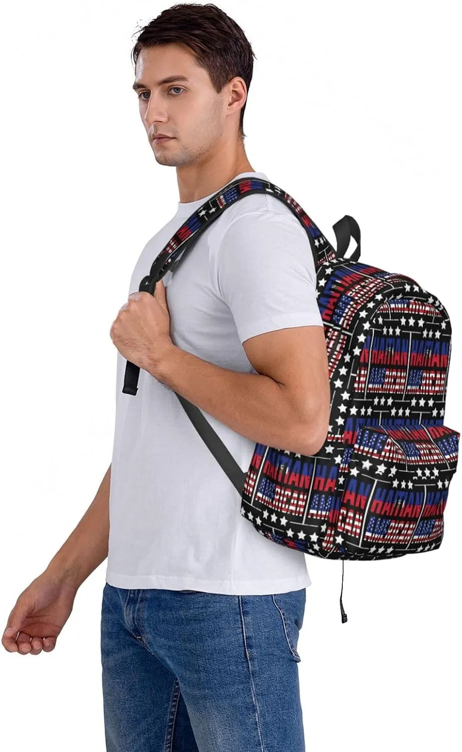 Half American Haitian Flag Backpack Large Capacity Backpack Lightweight Double Shoulder Bag For Women Men Travel