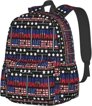 Half American Haitian Flag Backpack Large Capacity Backpack Lightweight Double Shoulder Bag For Women Men Travel