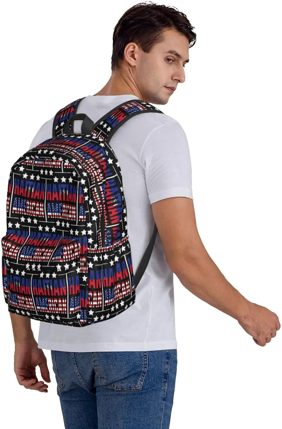 Half American Haitian Flag Backpack Large Capacity Backpack Lightweight Double Shoulder Bag For Women Men Travel
