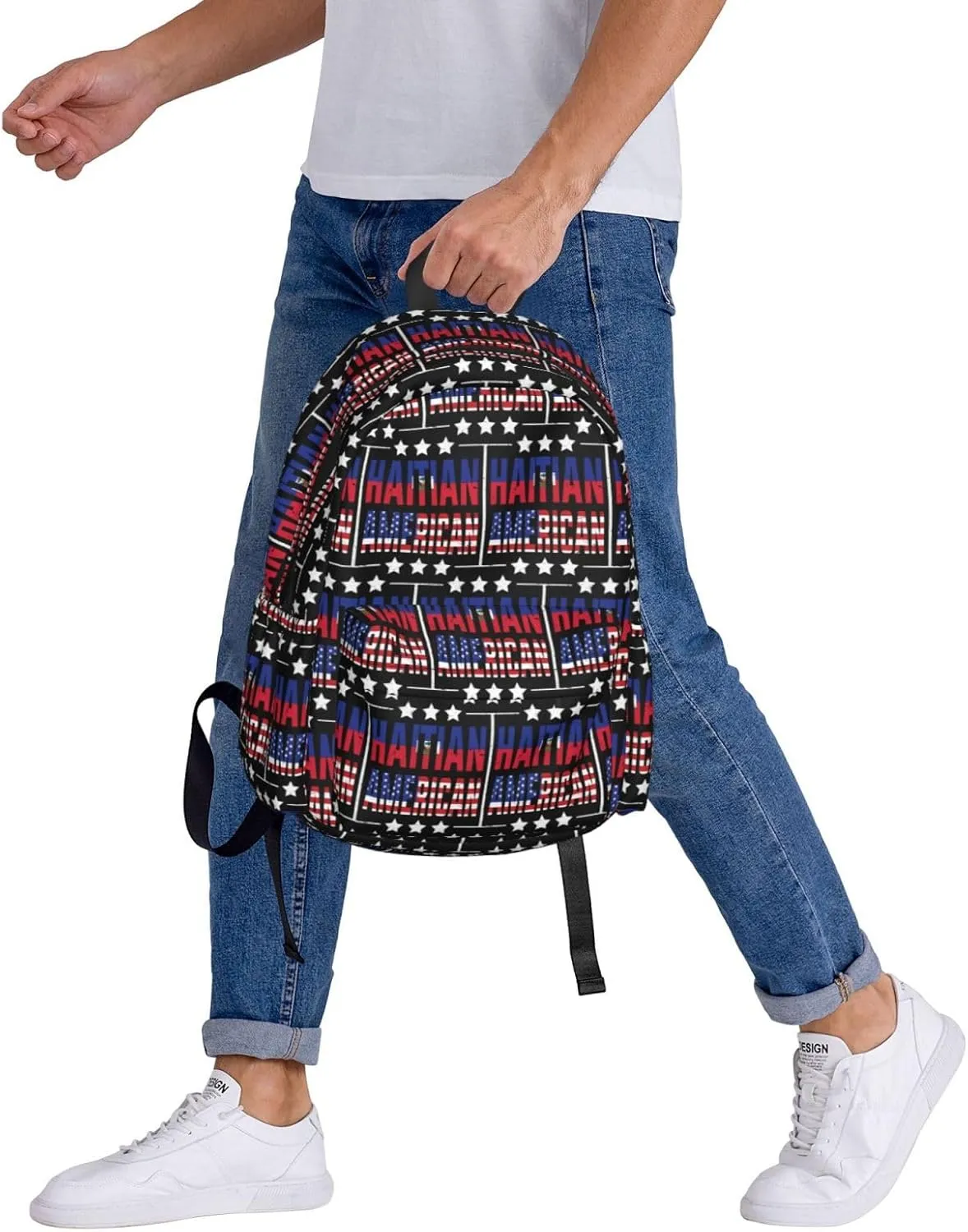 Half American Haitian Flag Backpack Large Capacity Backpack Lightweight Double Shoulder Bag For Women Men Travel