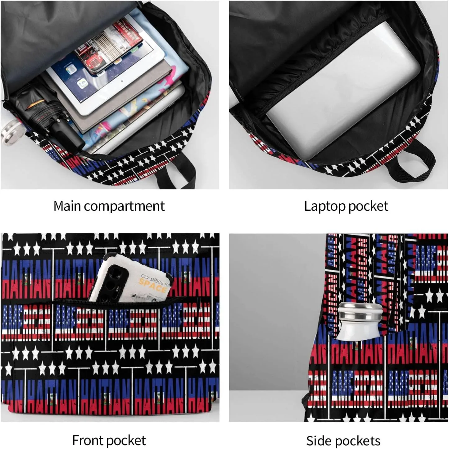 Half American Haitian Flag Backpack Large Capacity Backpack Lightweight Double Shoulder Bag For Women Men Travel