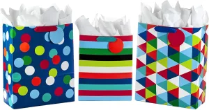 Hallmark 13" Large and 15" Extra Large Gift Bags Assortment with Tissue Paper (Pack of 3: Celebrate, Rainbow Stripes, Polka Dots) for Christmas, Birthdays, Father's Day, Graduations or Any Occasion