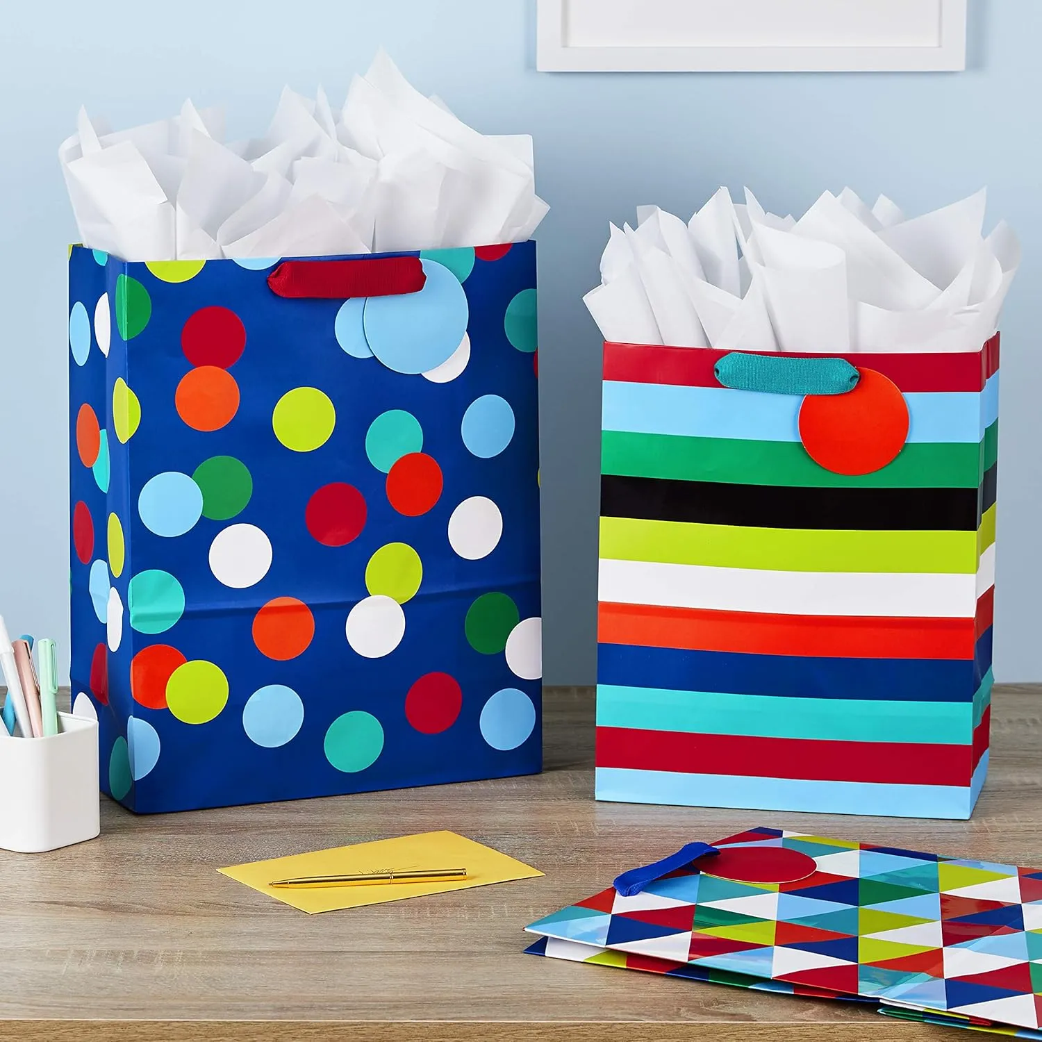 Hallmark 13" Large and 15" Extra Large Gift Bags Assortment with Tissue Paper (Pack of 3: Celebrate, Rainbow Stripes, Polka Dots) for Christmas, Birthdays, Father's Day, Graduations or Any Occasion