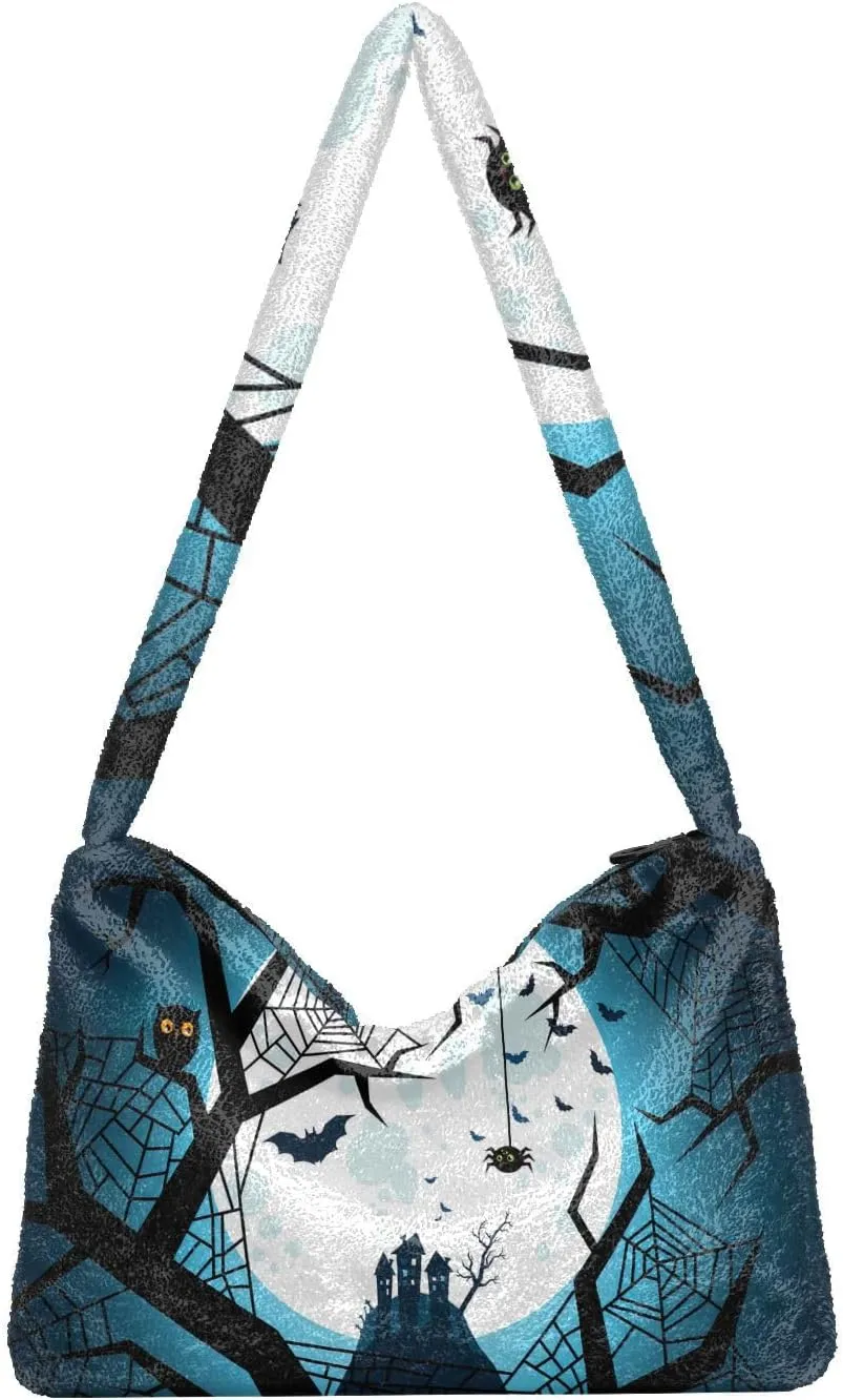 Halloween Objects Cute Black Cat Sits Women Plush Shoulder Bag, Shoulder Bags for Women, Autumn Handbags