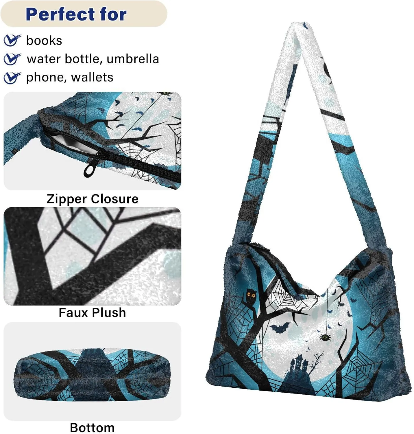 Halloween Objects Cute Black Cat Sits Women Plush Shoulder Bag, Shoulder Bags for Women, Autumn Handbags
