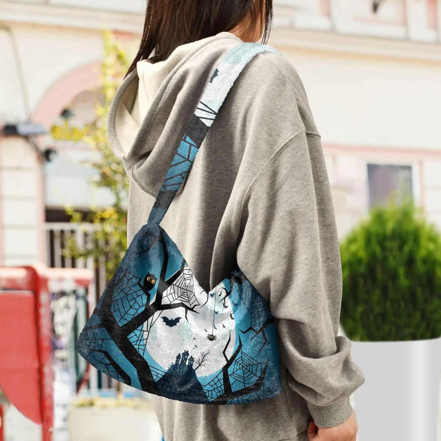 Halloween Objects Cute Black Cat Sits Women Plush Shoulder Bag, Shoulder Bags for Women, Autumn Handbags