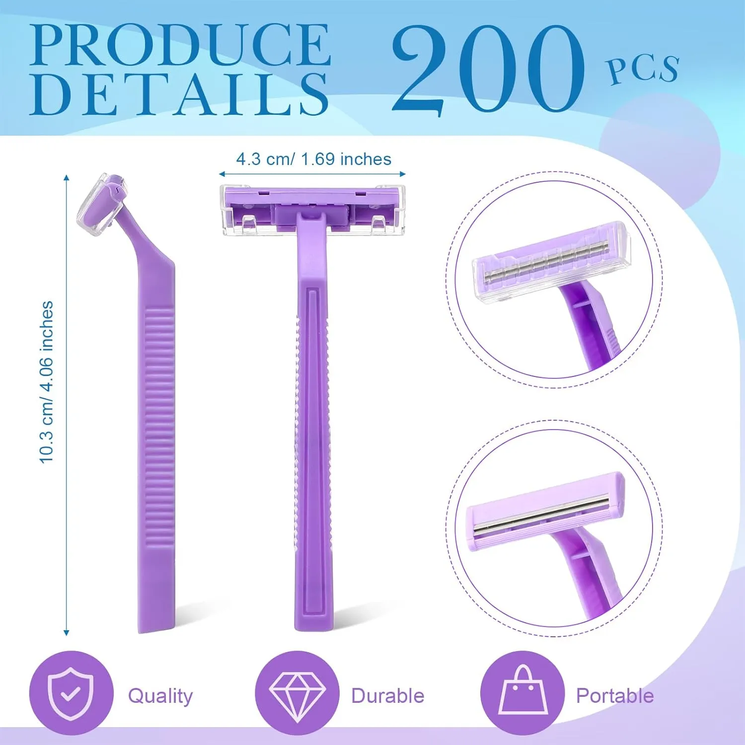 Hanaive Women's Disposable Razors Bulk Twin Blade Disposable Stainless Steel Hospitality Quality Shaver Multipurpose Portable Shave Razor Manual for Bathing Hotel Travel(Purple,200 Pcs)