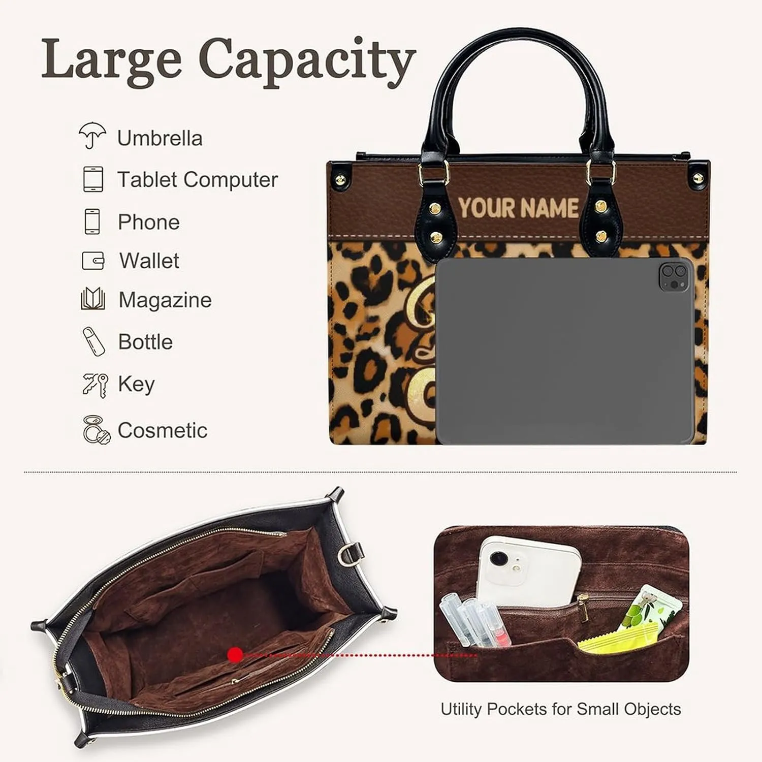 Handbags for Women - Personalized Leather Purse with Name Photo - Tote Bags for Mom Grandma - Custom Gifts Ideas for Her
