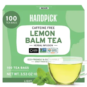 HANDPICK Lemon Balm Tea Bags – 100 Count | Caffeine-Free Herbal Tea with Citrus Flavor & Aroma | Pure Lemon Balm Leaves