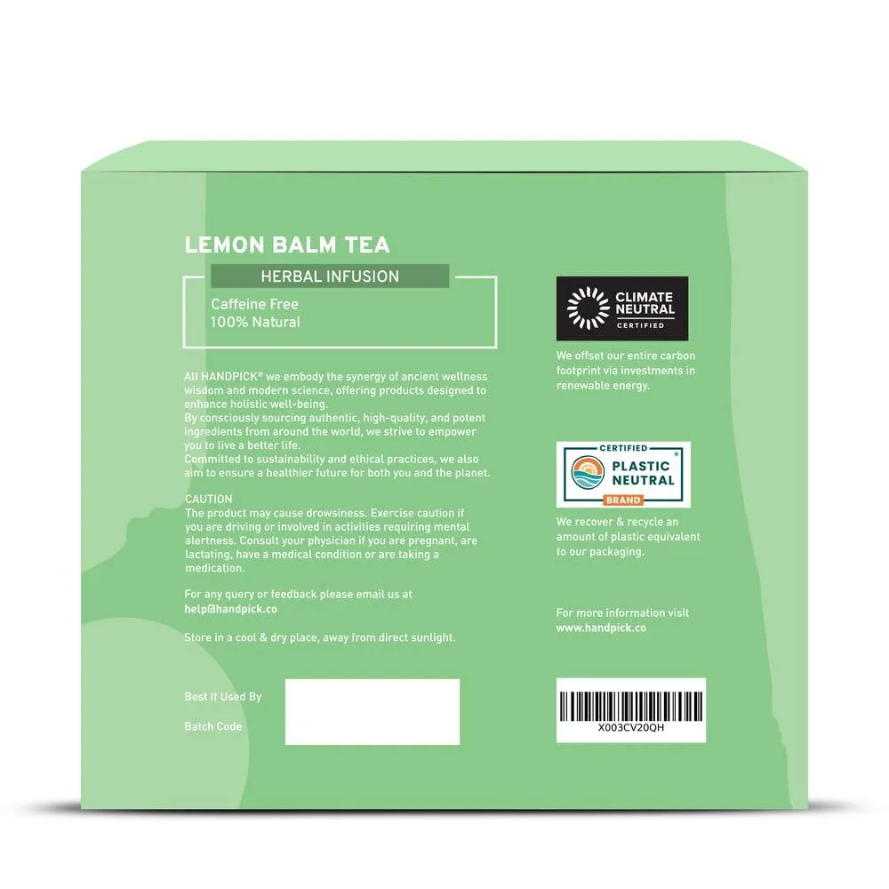 HANDPICK Lemon Balm Tea Bags – 100 Count | Caffeine-Free Herbal Tea with Citrus Flavor & Aroma | Pure Lemon Balm Leaves