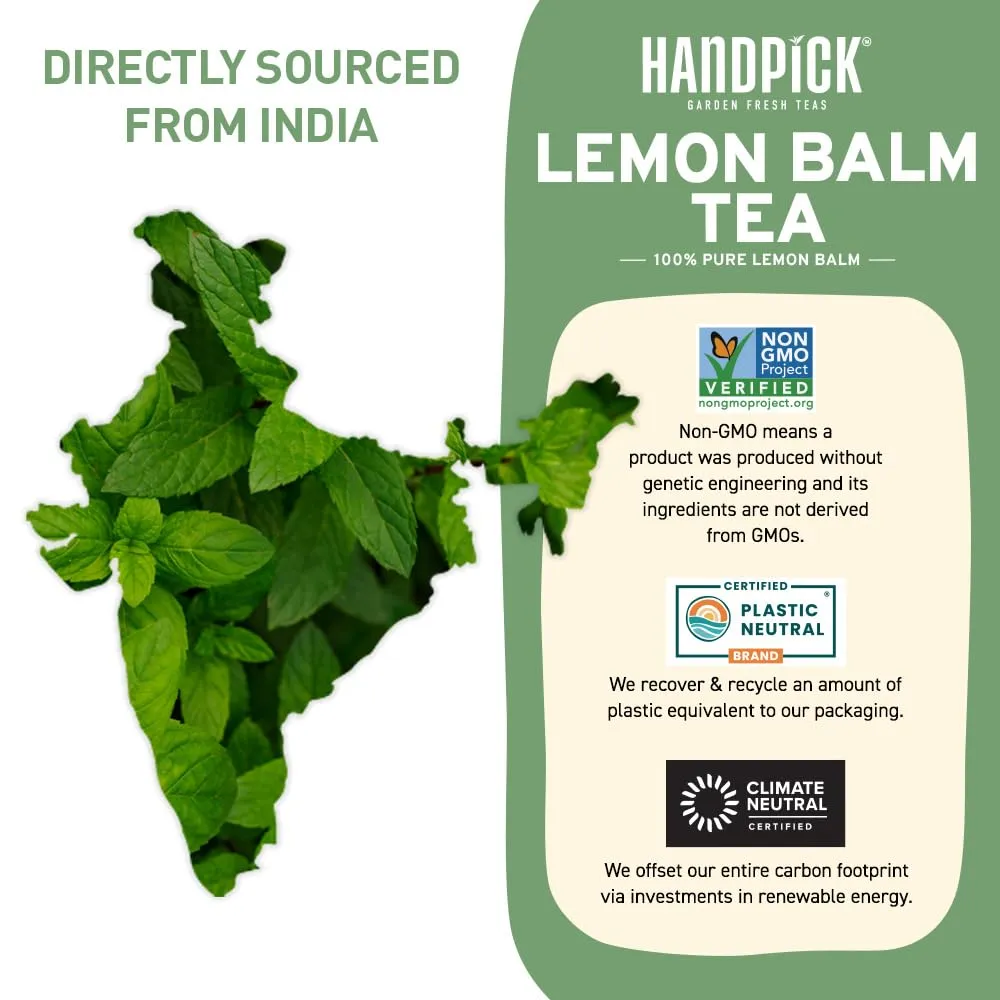 HANDPICK Lemon Balm Tea Bags – 100 Count | Caffeine-Free Herbal Tea with Citrus Flavor & Aroma | Pure Lemon Balm Leaves