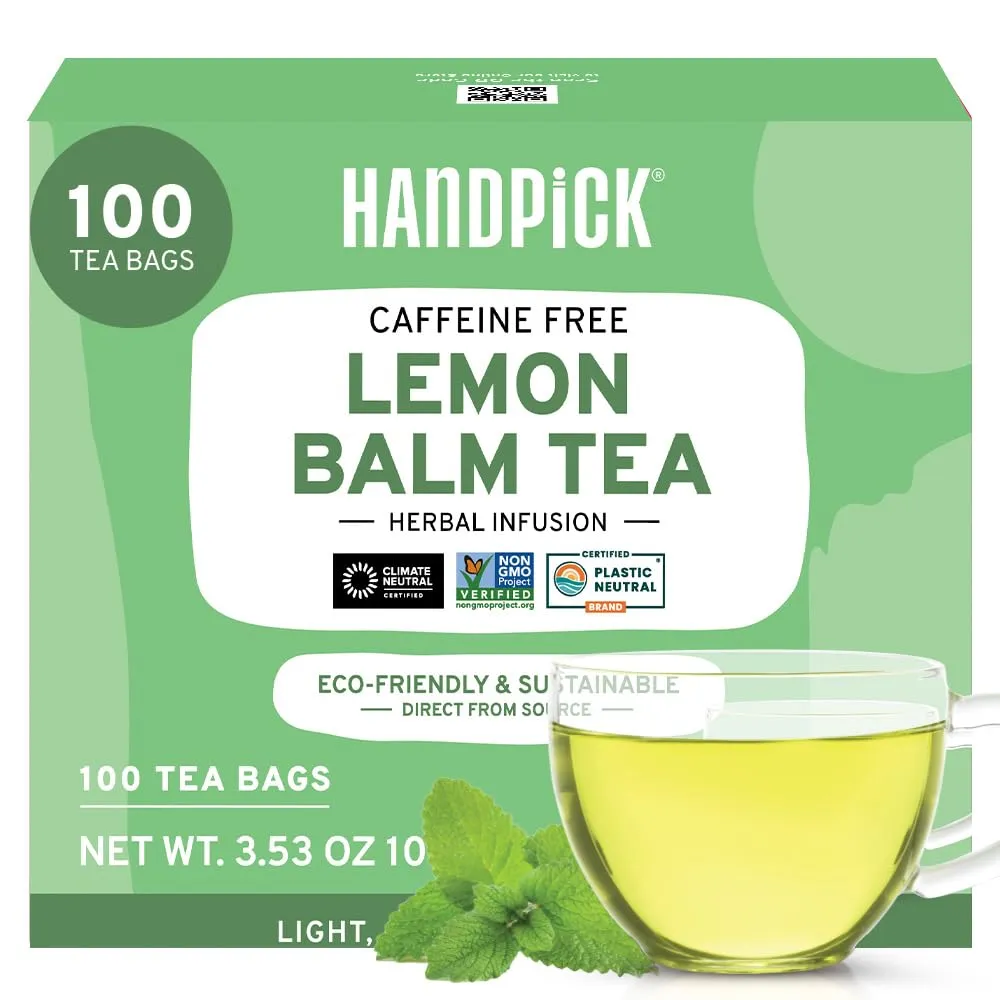 HANDPICK Lemon Balm Tea Bags – 100 Count | Caffeine-Free Herbal Tea with Citrus Flavor & Aroma | Pure Lemon Balm Leaves