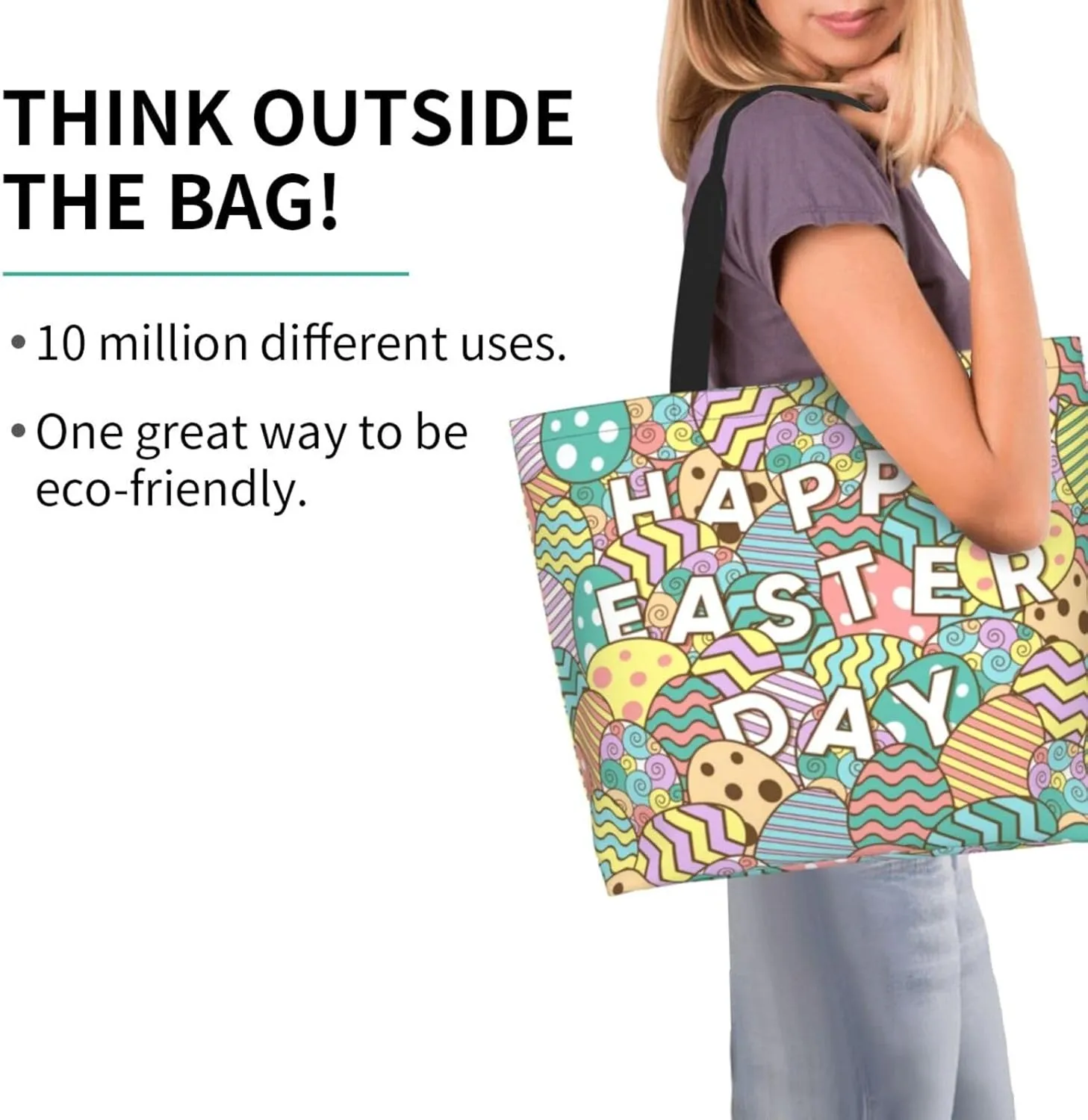 Happy Easter Egg Tote Bag for Women Mother Teacher,Reusable Shopping Grocery Bag Shoulder Bags