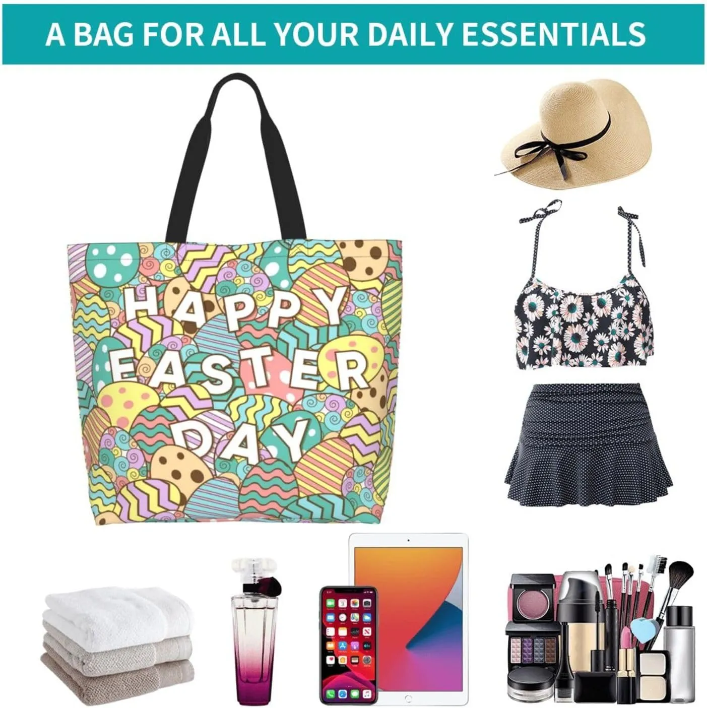 Happy Easter Egg Tote Bag for Women Mother Teacher,Reusable Shopping Grocery Bag Shoulder Bags
