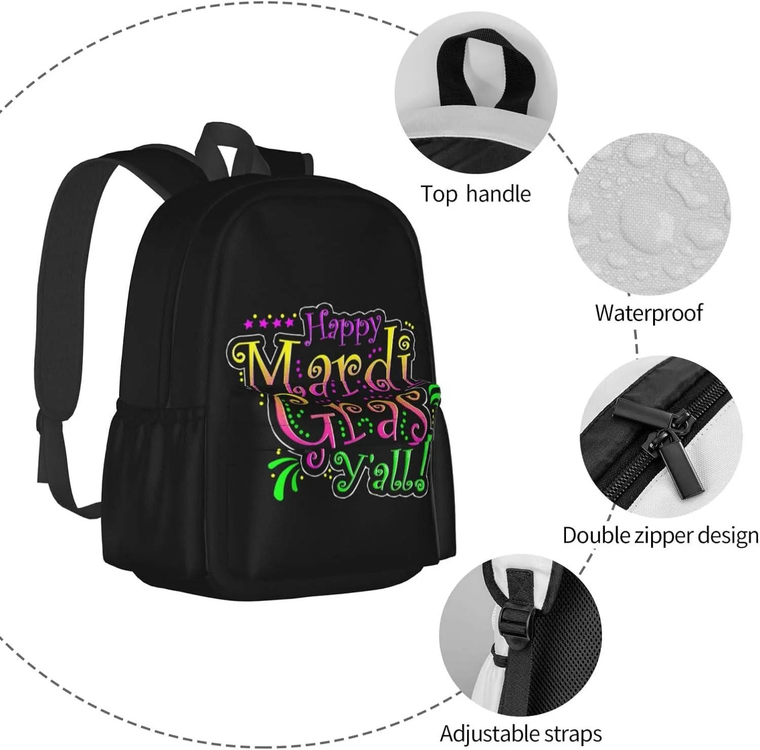 Happy Mardi Gras Y'All Party Parade New Orleans Backpack Casual Laptop Backpack Large Capacity Double Shoulder Bag Travel Daypack For Women Men