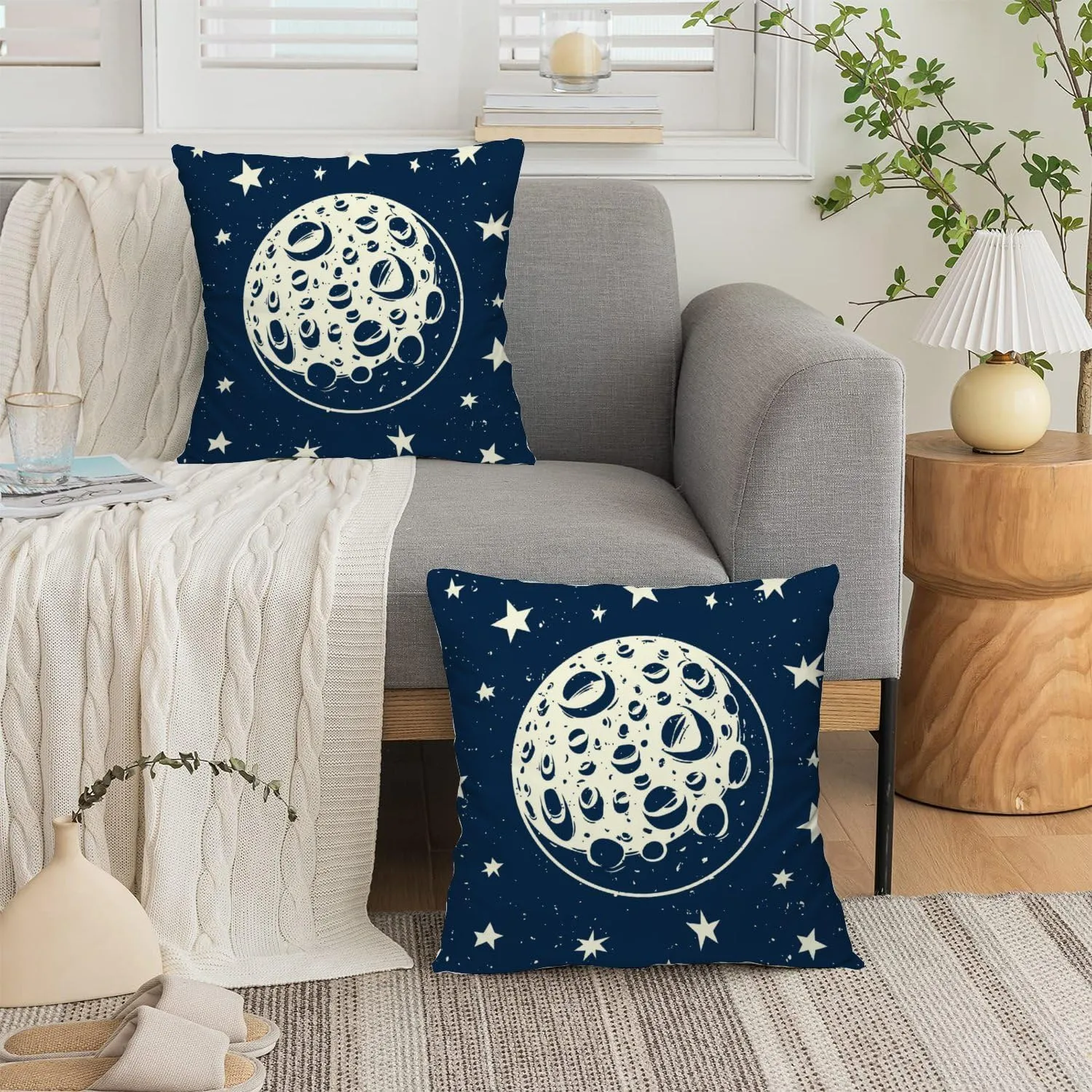 Hapuxt 20x20 Inches Square Throw Pillow Covers Set of 2 Stars Full Moon Craters Night Sky Polyester with Zip Closure Decorative Couch Sofa Living Room Bedroom Car