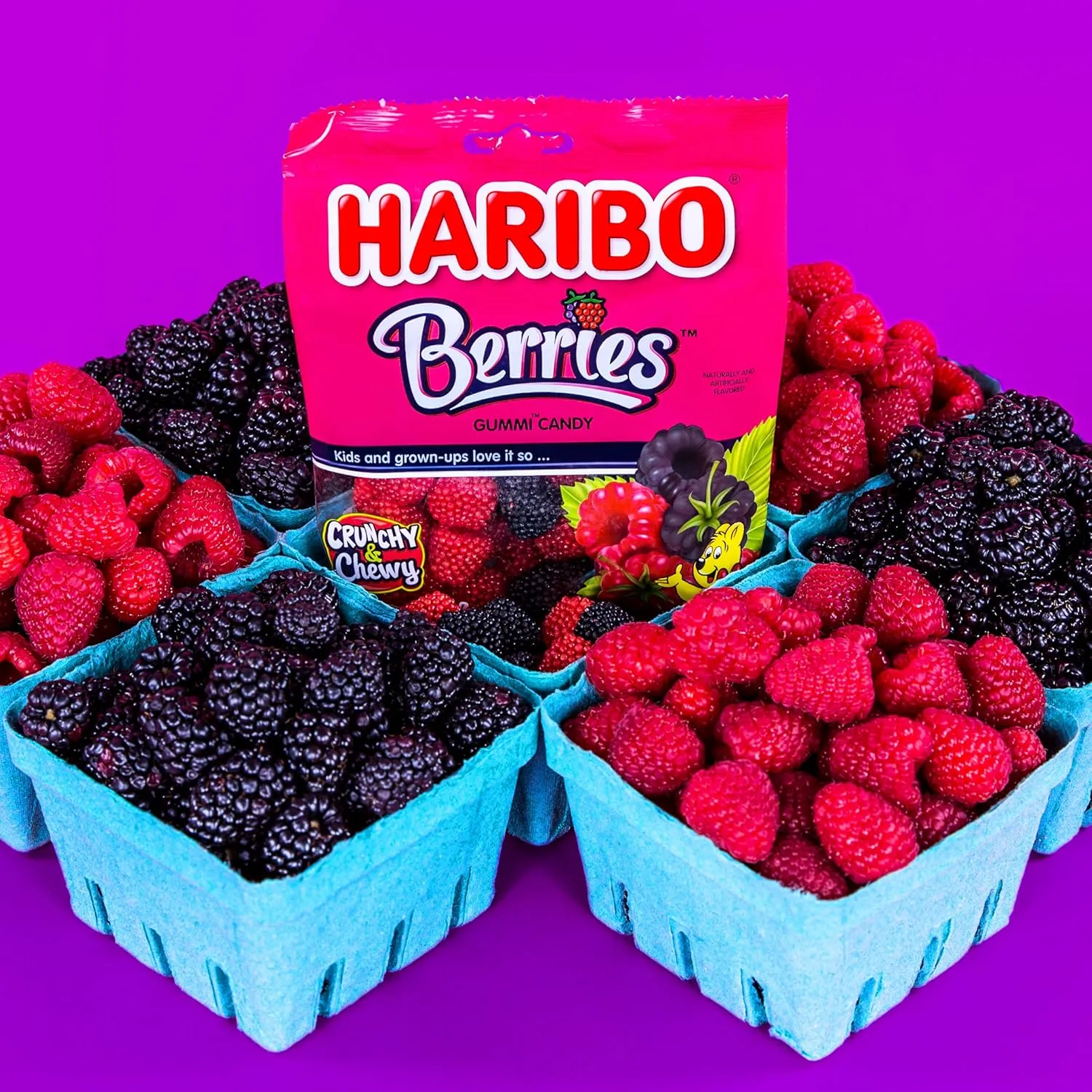HARIBO Gummi Candy, Berries Gummy Candy, 5 Ounce Share Size Bags (Pack of 12) Delicious Soft & Crunchy, Chewy Sweet Snacks, Red & Black Berry Fruit Flavor