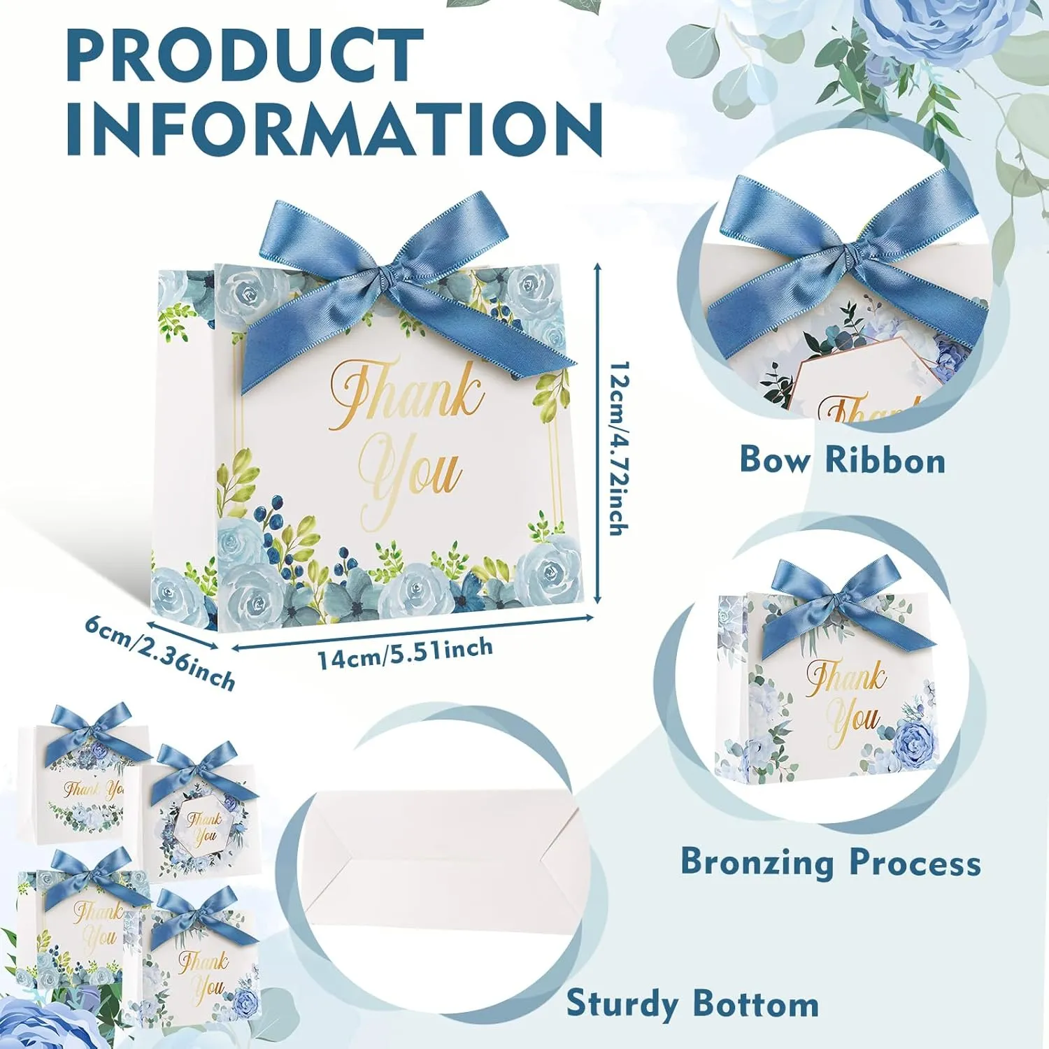 Harloon 36 Pcs Small Thank You Gift Bags 4.7 x 5.5 x 2.3 In Mini Bags with Ribbon for Business Baby Shower Party Wedding (Blue Floral)