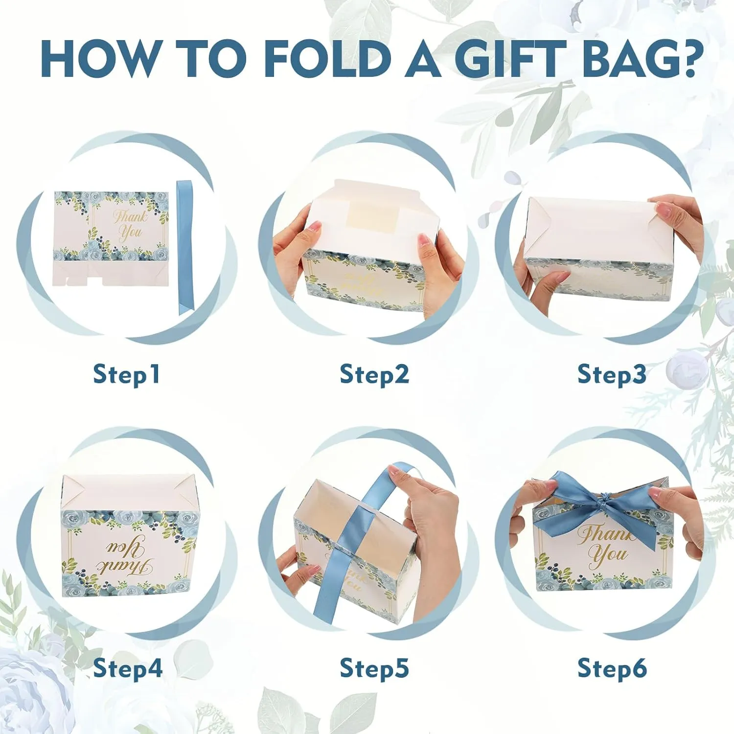 Harloon 36 Pcs Small Thank You Gift Bags 4.7 x 5.5 x 2.3 In Mini Bags with Ribbon for Business Baby Shower Party Wedding (Blue Floral)