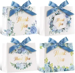 Harloon 36 Pcs Small Thank You Gift Bags 4.7 x 5.5 x 2.3 In Mini Bags with Ribbon for Business Baby Shower Party Wedding (Blue Floral)