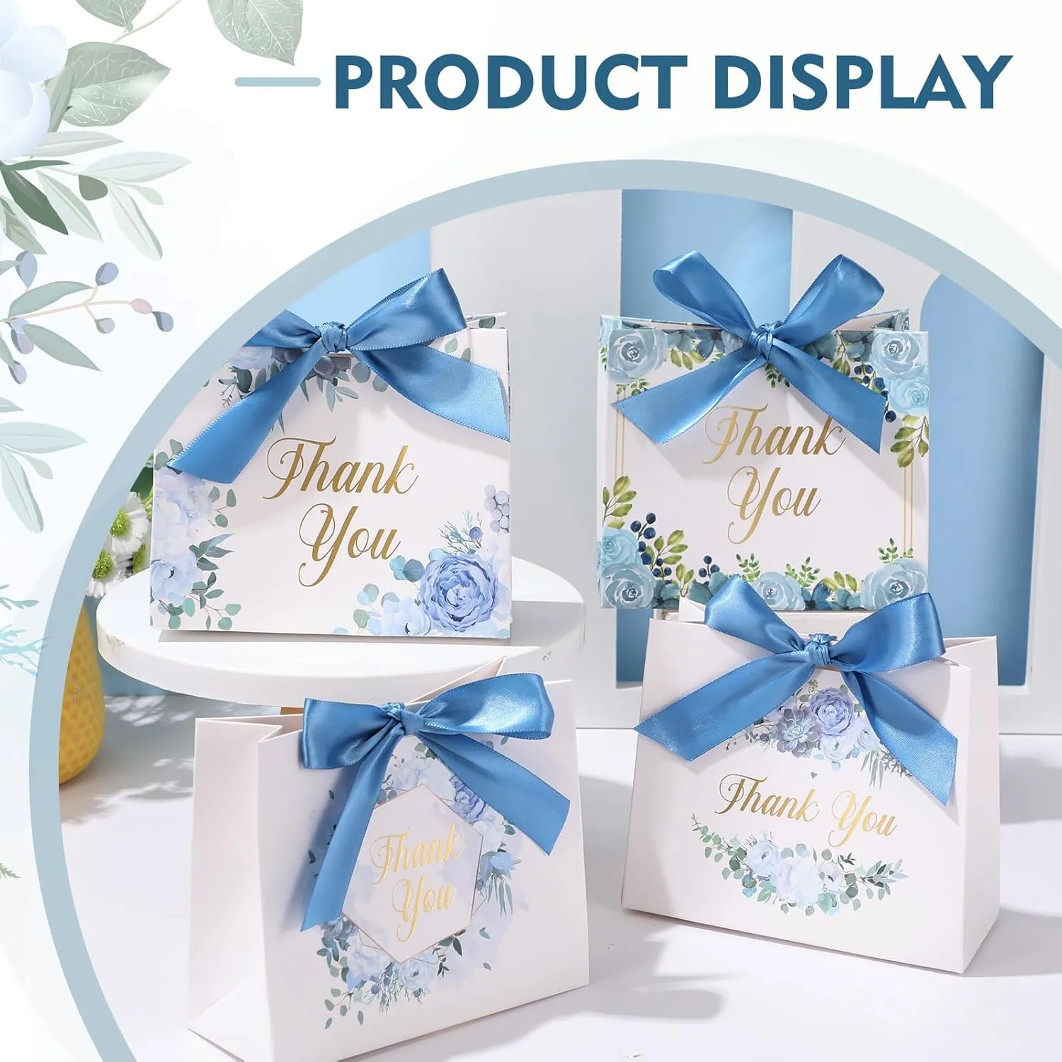 Harloon 36 Pcs Small Thank You Gift Bags 4.7 x 5.5 x 2.3 In Mini Bags with Ribbon for Business Baby Shower Party Wedding (Blue Floral)