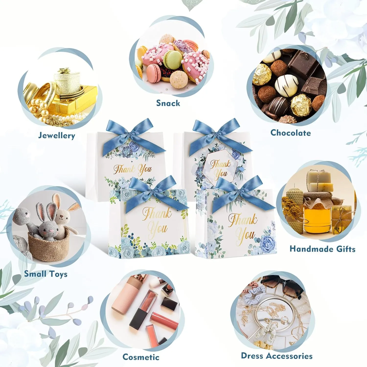 Harloon 36 Pcs Small Thank You Gift Bags 4.7 x 5.5 x 2.3 In Mini Bags with Ribbon for Business Baby Shower Party Wedding (Blue Floral)