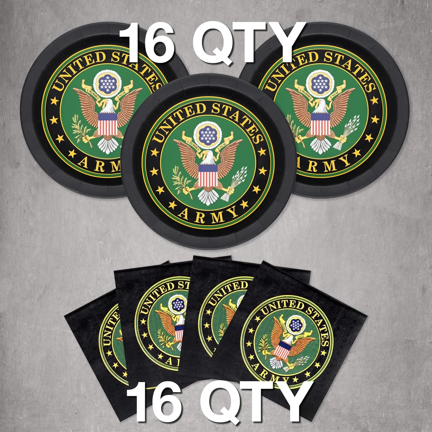 Havercamp Official U.S. Army Party for 16 guests; includes 16 ea. Lg. 9 inch Paper Plates and Napkins in the Official U.S. Army Crest