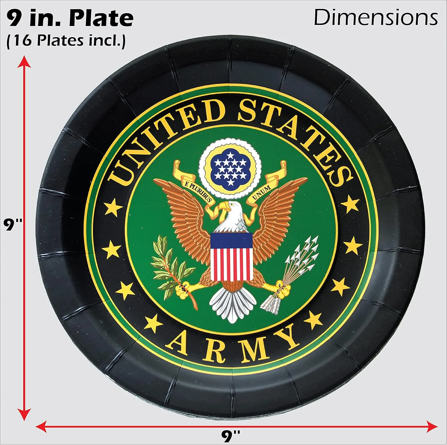 Havercamp Official U.S. Army Party for 16 guests; includes 16 ea. Lg. 9 inch Paper Plates and Napkins in the Official U.S. Army Crest