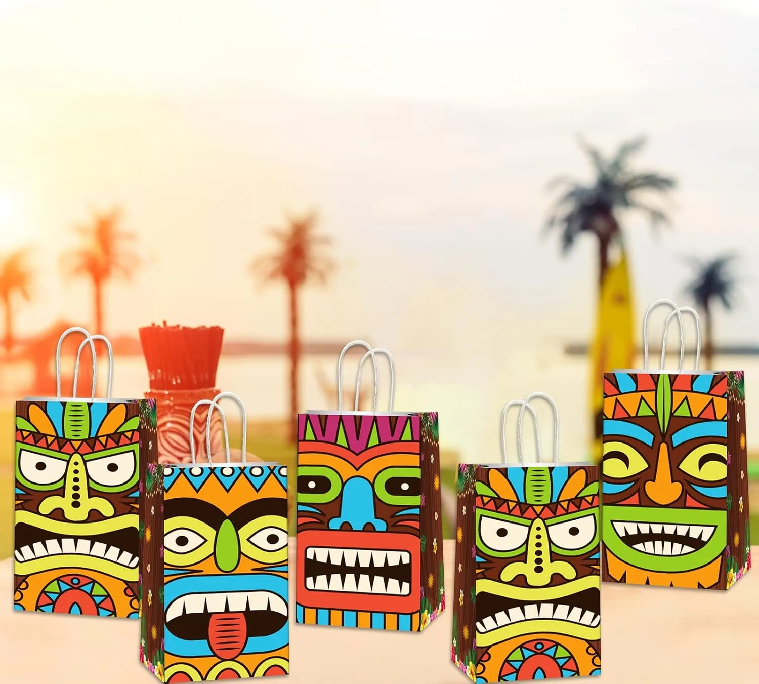 Hawaiian Luau Party Gift Bag Tiki Aloha Party Favor Treat Bags Tropical Themed Candy Bag Party Paper Gift Bag for Summer Palm Leaf Birthday Baby Shower Pool Picnic Party Decoration 12 Pieces