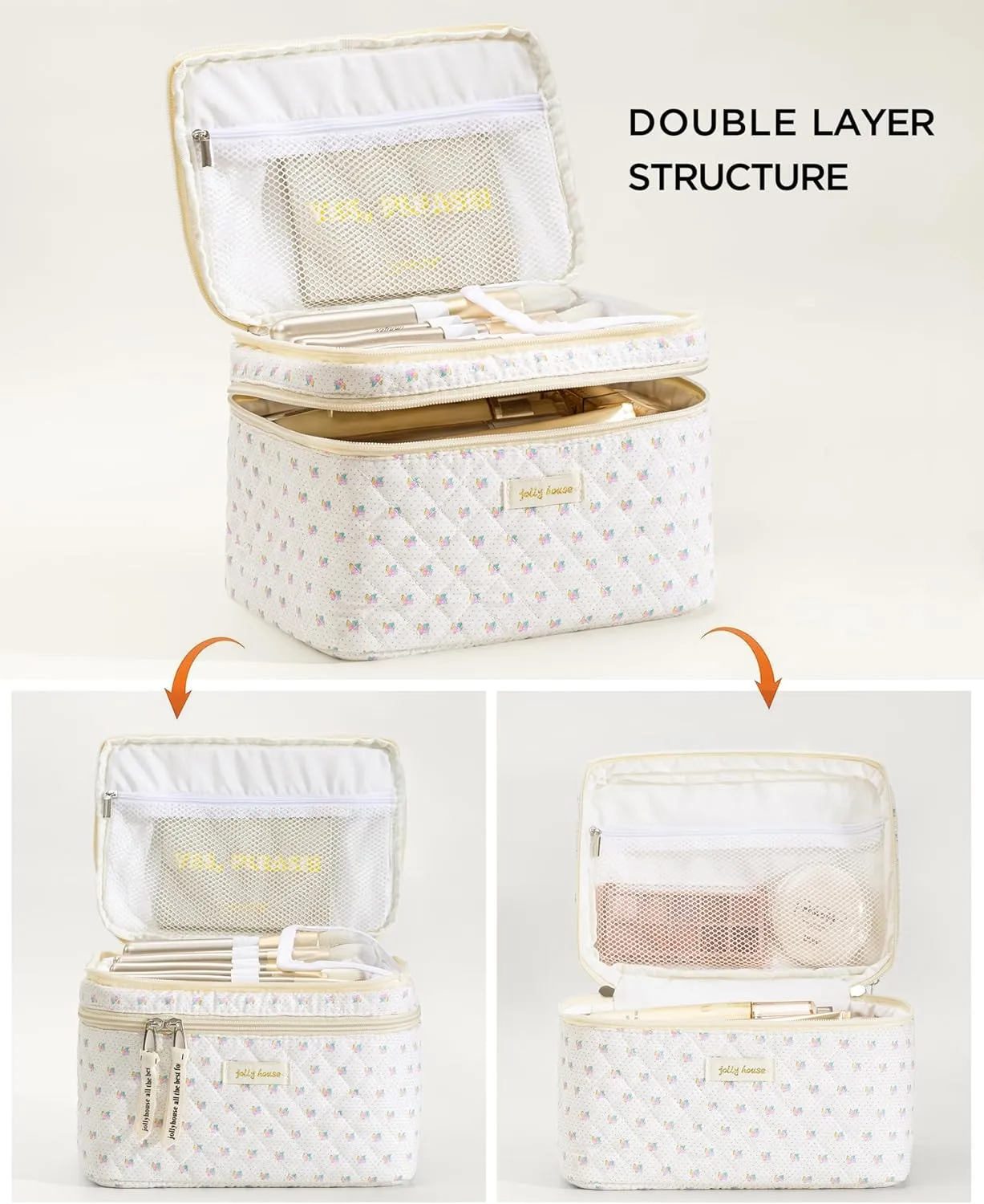 HBselect 2Pcs Travel Makeup Bag, Large Cotton Quilted Makeup Bag Cosmetic Bag Cute Make up Bag Toiletry Bags for Women Girls