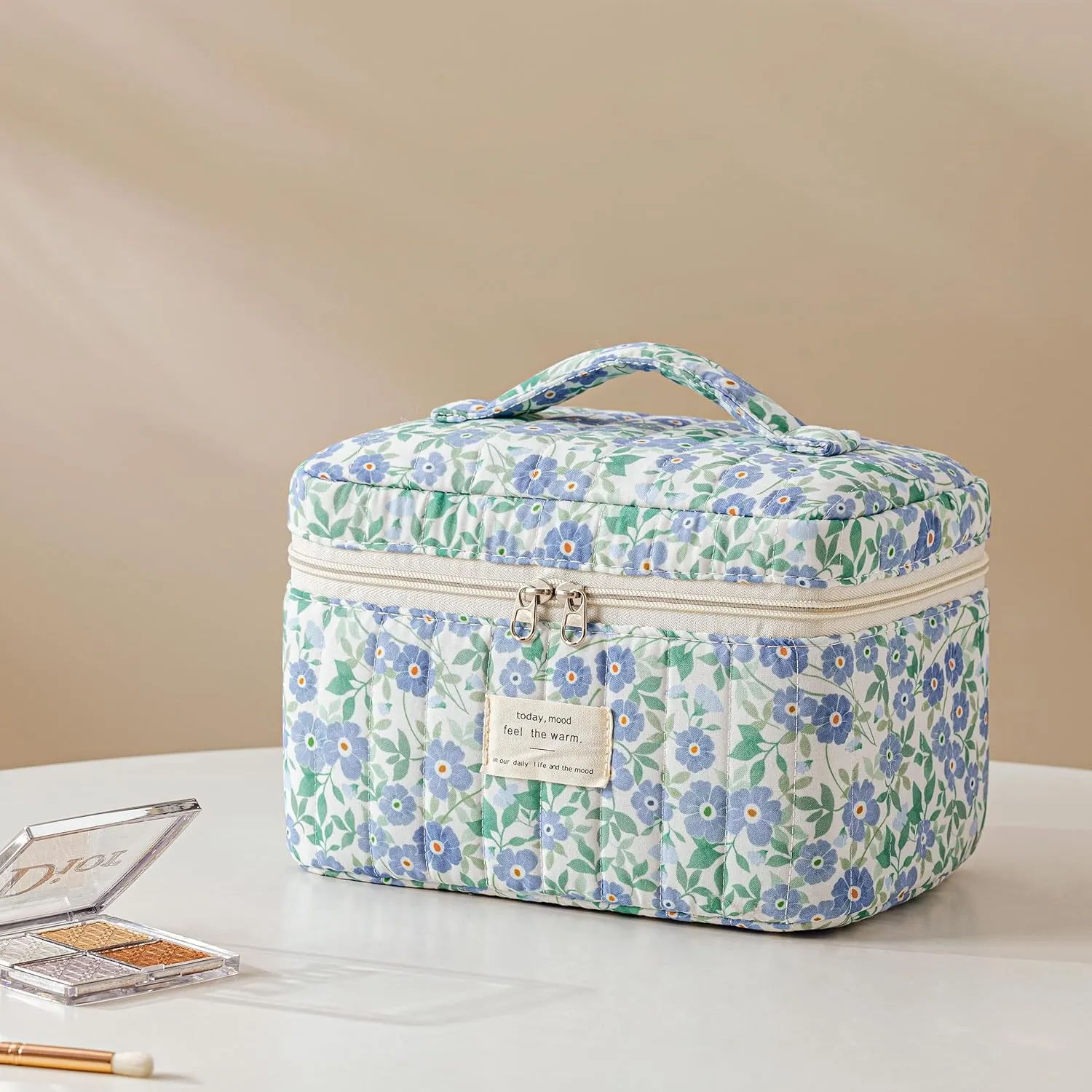 HBselect Quilted Makeup Bag, 3PCS Cotton Large Travel Makeup Bag, Cute Floral Coquette Make up Bag Cosmetic Bag Toiletry Bag for Women Girls
