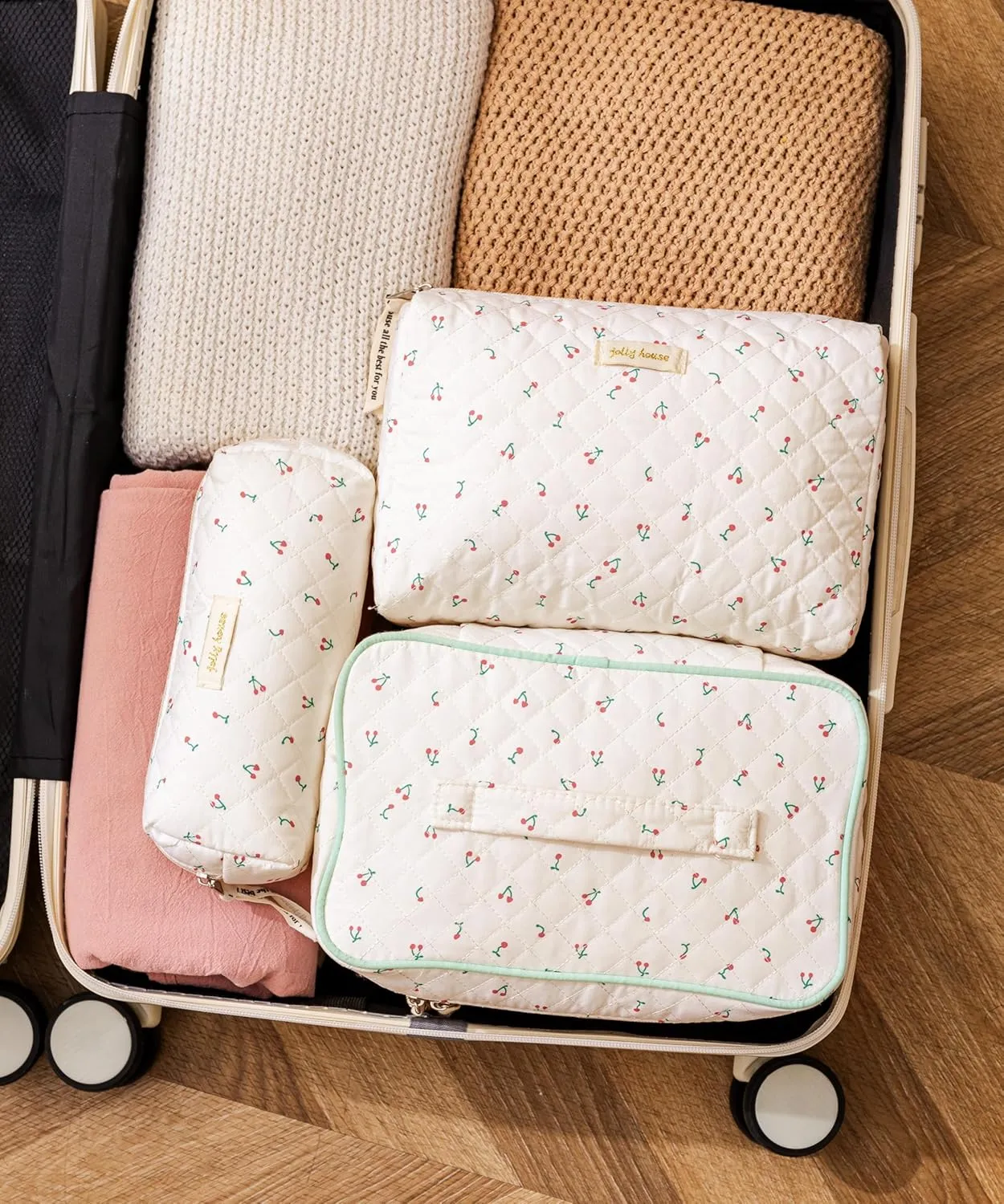 HBselect Quilted Makeup Bag, 3PCS Cotton Large Travel Makeup Bag, Cute Floral Coquette Make up Bag Cosmetic Bag Toiletry Bag for Women Girls